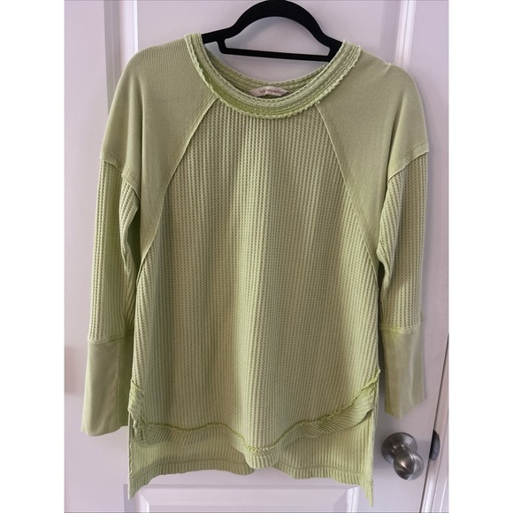 Soft Surroundings‎ Shirt Women's Sz Petite Med Green Waffle Knit Thermal Henley - Picture 1 of 12